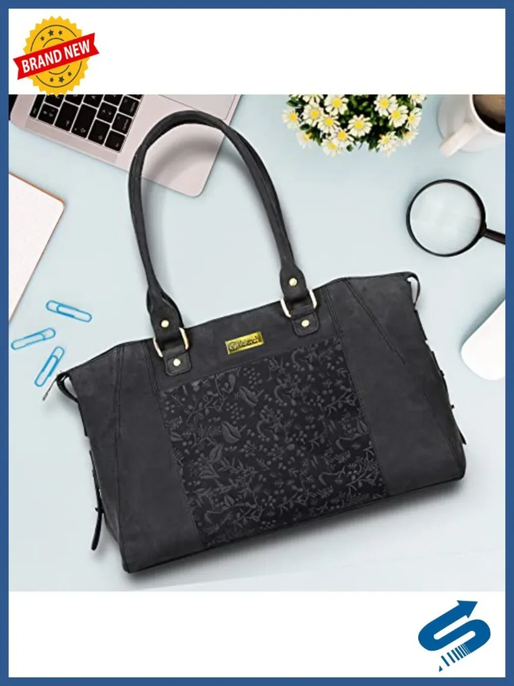 Genuine Leather Tote Bag with Flower Embossed Design - Fits 13 Inch MacBook
